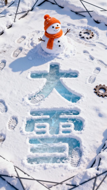 俯视视角，画面主视觉是雪地中的 “大雪”文字（字体圆润可爱），文字部分像被踩踏，露出淡蓝色冰面。雪质细腻带自然纹理，场景中有一个戴橙色针织帽围巾的雪人在抬头看着你，周围装饰有散乱的足迹、齿轮印痕，搭配预览效果