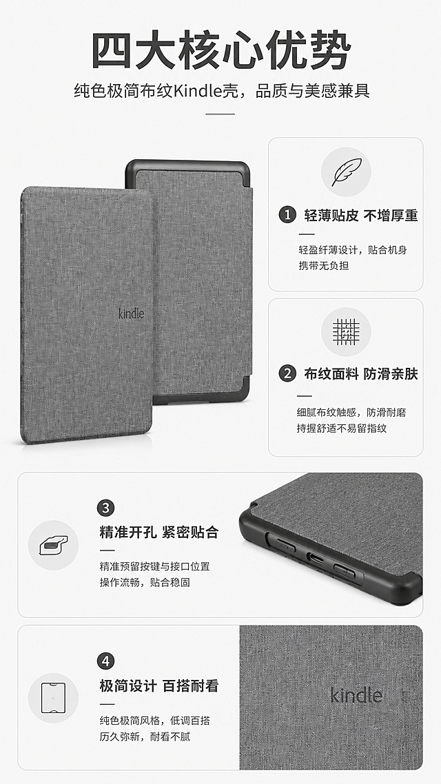 「图片1」，生成一套详情页，商品名称为纯色极简布纹 Kindle 壳，适配1688平台，单图比例为9:16，需求屏数为8张。