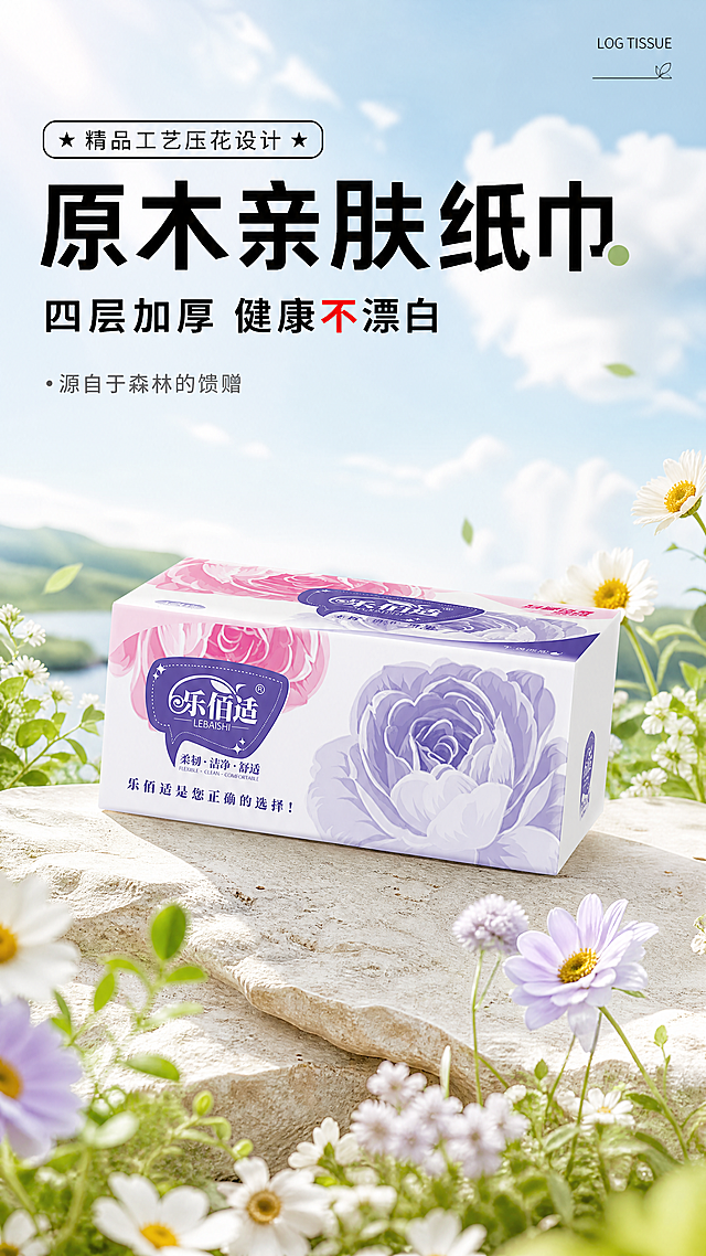 生成乐佰适纸抽电商详情页，画面主体是乐佰适纸抽，斜放在浅米色天然石材台面上，周围点缀白色及淡紫色洋甘菊、雏菊、嫩绿植物，背景是蓝天白云加上柔和草地，营造清新自然的户外感，自然光柔和侧光，无硬阴影，整体明亮通透，带轻微阳光光斑效果，文字排版：1. 顶部标签："★ 精品工艺压花设计 ★"，黑色细体字，带圆角矩形边框；2. 主标题："原木亲肤纸巾"，加粗黑体，黑色，字号最大，"巾"字末端带绿色点缀；3. 副标题："四层加厚 健康不漂白"，中等字号黑体，黑色，"不"字带红色点缀；4. 辅助文案："• 源自于森林的馈赠"，灰色细体字，带圆点项目符号；5. 右上角极简装饰："LOG TISSUE"英文细体字，搭配简约线条装饰。整体4K高清，3D渲染级质感，产品边缘清晰，无模糊噪点，适配手机端竖版显示