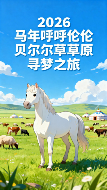旅游海报，2026马年呼伦贝尔草原寻梦之旅，画面中央是一匹白色骏马，背景是广阔的草原、成群的牛羊和远处的蒙古包，天空湛蓝，飘着白云，整体色彩明亮，充满生机，卡通插画风格，海报上方包含文字"2026马年预览效果