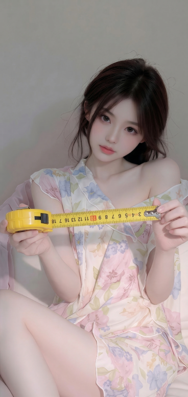 保持原图的整体风格、色调和人物姿势不变。将人物手中装着花瓣的玻璃杯替换为正在拉开的黄色钢卷尺，卷尺从尺盒中拉出恰好18厘米长度，尺带平直。尺面上印有清晰的黑色刻度线和数字，刻度从0到18厘米完整可见，预览效果