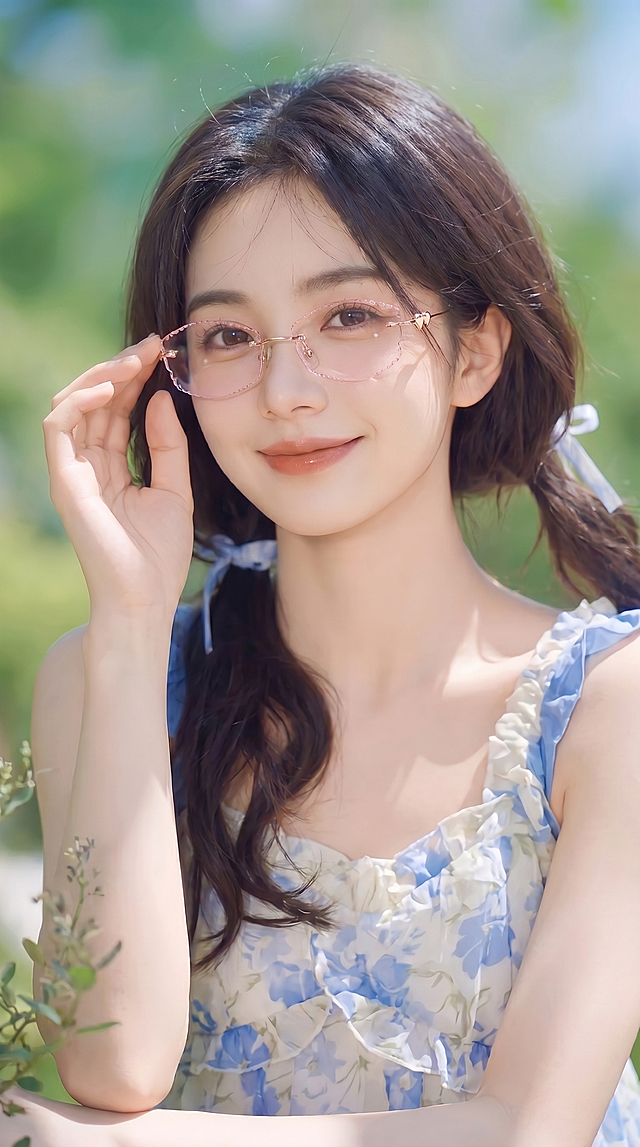 生成9:16比例的女主半身照，修改姿势为女主一只手扶着脸上的无框眼镜，轻轻微笑看着镜头，保留玫金浅粉色无框眼镜的所有细节不变，保留女主的发型、蓝白碎花连衣裙和户外绿色背景