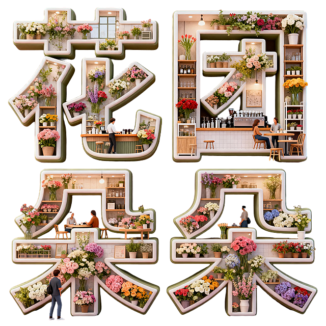 3D立体风格，以“花团朵朵”四个字为造型核鲜花店内部细节，屋内顾客来往，有吧台、桌椅、花架、插花等元素，充满生活气息，居中正视图，正面图，背景为纯色