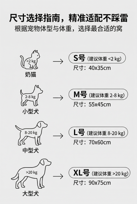 2:3竖屏，杂志风详情页，左侧为不同体型宠物（奶猫、小型犬、中型犬、大型犬）的示意图，右侧对应标注适配的宠物窝尺寸（S、M、L、XL）。主标题："尺寸选择指南，精准适配不踩雷"，副标题："根据宠物体型预览效果