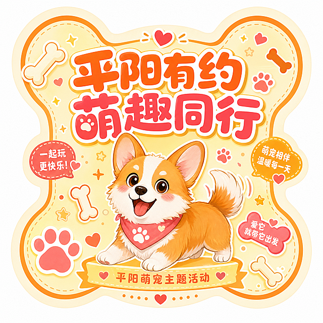 活动主题异形贴纸，中心放置卡通柯基摇尾巴，边缘异形抠图贴合骨头轮廓，圆润大字主标题"平阳有约 萌趣同行"，暖色调，边角点缀骨头、爪印、爱心装饰，活力活泼