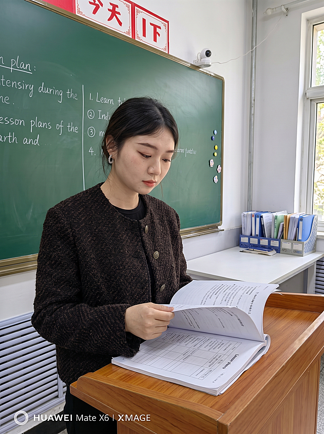 参考图中年轻东亚女性，黑色中长发，脸型圆润，五官精致，佩戴精致耳环，身穿深棕色粗花呢外套，内搭黑色上衣，在教室中双手捧着打开的教案，低头认真翻阅，站在讲台旁备课的姿态，背景是绿色黑板和教室环境，自然光照明，写实摄影风格，高清画质，半身照