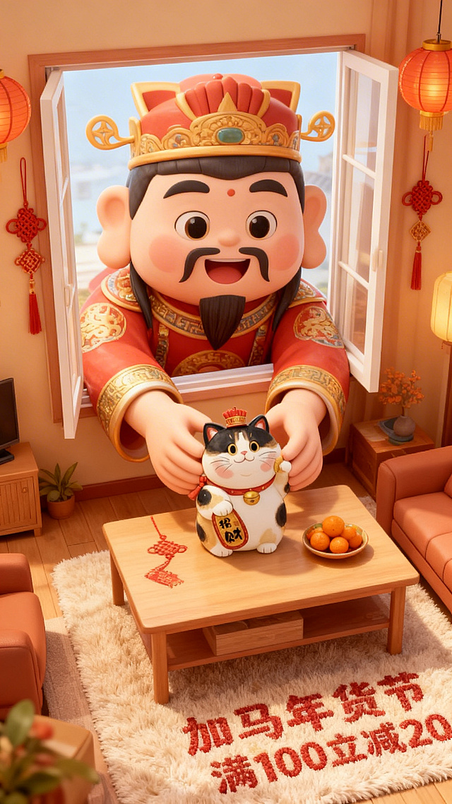 软3D国潮风，卡通财神捧招财猫，温馨居家场景，喜庆刺绣地毯呼应节日，趣味感十足，传递春节年货节促销信息。