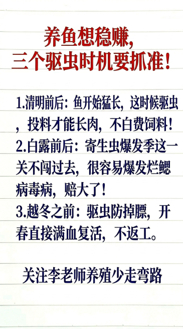 参照原图的排版布局、字体和颜色，替换文字内容，一字不差生成新图：标题红色大字：“养鱼想稳赚， 三个驱虫时机要抓准！”，正文深蓝色文字：“1. 清明前后：鱼开始猛长，这时候驱虫 ，投料才能长肉，不白费饲预览效果