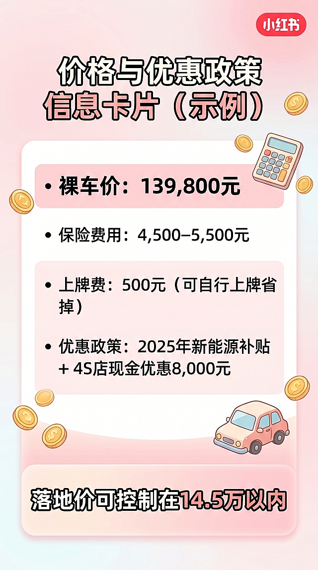 价格与优惠政策信息卡片（示例）

以15万级热门车型为例：

• 裸车价：139800元

• 保险费用：4500-5500元

• 上牌费：500元（可自行上牌省掉）

• 优惠政策：2025年新能源补贴+4S店现金优惠8000元，落地价可控制在14.5万以内。