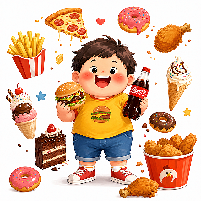 卡通风格插画，一个胖乎乎的小男孩站着，小男孩手里拿着可乐和汉堡，小男孩周围环绕着各种各样高脂肪高热量的食物，纯纯白色背景，整体画风可爱活泼，色彩鲜艳，童趣满满的氛围