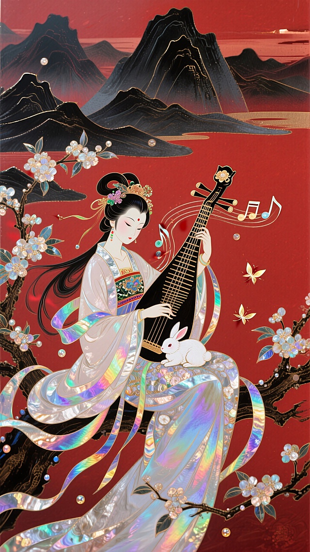 日漫风格，嫦娥坐于桂树枝桠间弹奏古琴，怀中是玉兔，衣袖与发丝随晚风轻扬。琴音化作流动的音符环绕周身，周围点缀着绽放的桂花与飞舞的流萤，非常规动态构图，背景是层叠起伏的墨色山峦，红色底色，凸显空灵悠远的意境。​