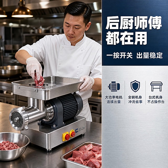 【商品】使用【图3】45°侧俯视整机放入真实使用场景，参考【图2】【图5】校准结构与部件朝向；完整保留方形不锈钢料盘、黑色散热片电机、前方绞肉头与出料孔板、机身正面「厨天地」Logo与字样、红色急停旋钮与黄色开关、防滑脚垫；不得改变结构、比例与机身原有文字。【画面】目标：真人操作页，展示餐饮后厨师傅正在使用本机备料，建立真实使用信任。构图骨架：左右分栏，右栏文字、左栏画面；一位亚洲成年男性后厨师傅穿白色厨衣、戴一次性手套，站在不锈钢操作台前，右手将肉块放入机身顶部料盘入料口、左手扶着料盘边缘，目光看向入料口，动作真实可执行；整机位于画面左栏中下部、占全画面约60%，景别中景（腰部以上含操作台）；前景操作台上的不锈钢盆与备用肉块，中景人物与整机，后景虚化的商用后厨灶台、不锈钢置物架与暖色吊灯；产品与人体同框清晰。【视觉】套系策略：风格=商用餐饮设备专业商业摄影、工业科技金属质感；标题字=粗黑体方正硬朗；正文字=常规无衬线黑体；主色=深钢蓝#123B5E；背景延展=由深钢蓝做深浅层级、金属拉丝灰蓝与不锈钢后厨环境冷灰渐变；强调色=按钮橙红#E8452C仅用于小面积图标、编号胶囊与关键数字；标题色=深底纯白#FFFFFF、右栏浅底深钢蓝#123B5E；正文色=深底浅雾白#D7E1E8、右栏中钢灰#46586A；组件=直角硬边金属信息卡、编号胶囊、细直引线；光影=左前上方冷白柔光+金属轮廓高光，后厨环境暖光点缀。【文字】右栏上方主标题“后厨师傅都在用”（横向），副标题“一按开关 出量稳定”；下方三条短卖点横向排列：“大功率电机 连续出量”“全钢机身 冲洗省事”“台式机身 不占操作台”；全部文字横向排版，严禁竖排、旋转、斜排；文字不遮挡人物手部动作、入料口与整机Logo。【规格】图片比例1:1正方形，4K，避免变形、错字、乱码、文字过小、欧美面孔、多余手指、水印、二维码、任何电商平台Logo、绝对化用语。