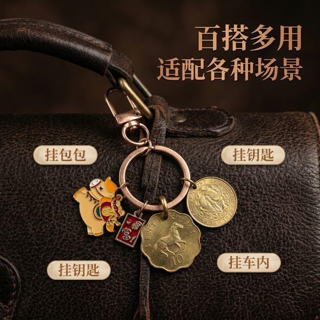 [主图 2 核心卖点展示]，主图主题：钱币钥匙扣核心卖点百搭展示，氛围风格：复古简约质感，画面元素：将钱币钥匙扣挂在复古皮质包包的提手上，展示真实使用场景，产品外观和细节必须和参考图保持完全一致；背景预览效果