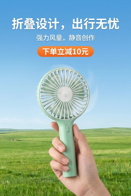 手持薄荷绿折叠小风扇展示，背景是空旷绿色草原平原，文案：折叠设计，出行无忧，强力风量，静音创作，下单立减10元，电商主图风格，清新自然，夏季凉爽氛围预览效果