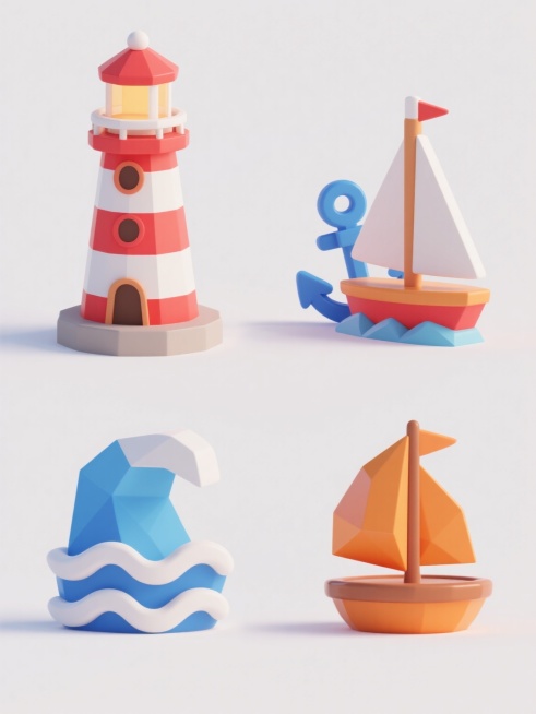 一套4个不同海洋主题元素的3D卡通风格图标集合，保持与参考图一致的低多边形设计、圆润边角、鲜艳明快色彩方案（主色调为红色、白色、蓝色、橙色）和光滑材质质感，元素分别为灯塔、帆船、锚、海浪，每个元素独立置于纯白色背景上，4个图标呈2x2网格规整排布，整体风格统一、可爱童趣，适合儿童相关或海洋主题的UI设计、插图或教育素材使用。预览效果