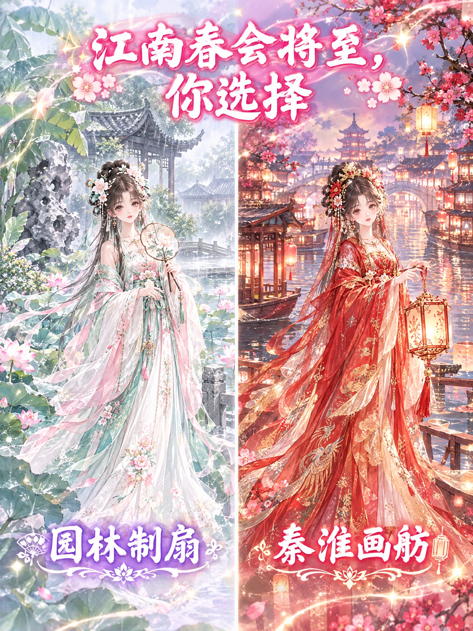 参考图的画风和左右分屏选择构图，顶部标题文字改为"江南春会将至… - 图片创意预览