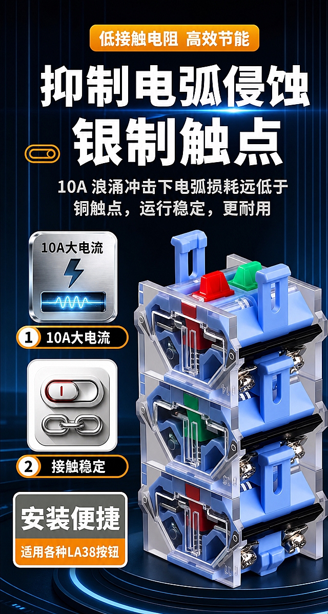 电商详情页长图，银制触点卖点说明图，750px宽，深蓝科技工业风，产品精修。全部文字使用思源黑体 Bold字体。

[画面结构] 从上到下布局：顶部标题文案区 + 中部产品+卖点展示区。整体深蓝科技背景风格。

[顶部标题文案区]
深蓝色到黑色的科技感渐变背景，带有微弱的蓝色光晕和光线效果，竖条纹科技纹理。
顶部橙黄色渐变圆角标签："低接触电阻 高效节能" 白色粗体居中
大标题分两行：
  第一行："抑制电弧侵蚀" 白色超大粗体
  第二行："银制触点" 白色超大粗体
副标题："10A浪涌冲击下电弧损耗远低于铜触点，运行稳定，更耐用" 浅灰色粗体两行
左侧有一个橙黄色开关小图标装饰。

[中部产品+卖点展示区]
右侧展示三个堆叠的蓝色触点底座模块，透明外壳可见内部红绿银触点结构，金属螺丝清晰。产品精修处理，透明外壳通透，内部银合金触点质感真实，金属螺丝高光锐利，蓝色塑胶质感干净利落，无灰尘划痕，结构细节清晰可见。

左侧三个卖点，上下排列：
  卖点1：上方银色金属质感方形图标，内有蓝色闪电和波形图案，文字"10A大电流"黑色粗体；下方橙黑圆角标签，左侧白色圆形数字"1"，右侧白色文字"10A大电流"
  卖点2：上方白色方形图标，内有开关按钮和链条图案；下方橙黑圆角标签，左侧白色圆形数字"2"，右侧白色文字"接触稳定"
  卖点3：下方灰色圆角标签，上方"安装便捷"白色超大粗体，下方橙黄色条"适用各种LA38按钮"白色粗体

[视觉统一] 套系策略：风格=深蓝科技工业风；标题字=思源黑体 Bold；正文字=思源黑体 Bold；主色=深蓝黑；背景延展=深蓝黑渐变+科技光晕+竖条纹；强调色=橙黄色（标签、装饰）、蓝色（触点底座）、红色（常闭触点）、绿色（常开触点）、白色（主文字）；组件=卖点图标、橙黑圆角标签、产品堆叠展示；光影=左前侧主光，金属高光清晰，产品有立体感。

[产品处理] 产品精修，金属件高光锐利，银合金触点质感真实，透明件通透，塑胶件干净无划痕。

[文字要求] 全部文字使用思源黑体 Bold字体，横排，排版整齐，层级清晰，手机端可读。文案与原图完全一致，不增减内容。

[规格] 图片宽度750px，竖版长图，2K分辨率，避免变形、错字、文字过小、产品模糊、背景杂乱、水印、平台logo。