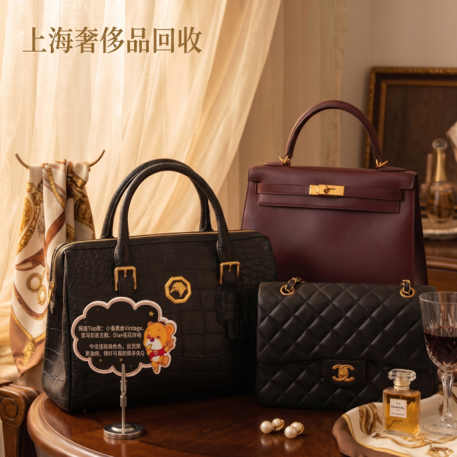 在原图左上角添加文字'上海奢侈品回收'，保持浪漫奢华带点性感的整体风格不变，保留原有文案和奢侈品包包展示内容预览效果