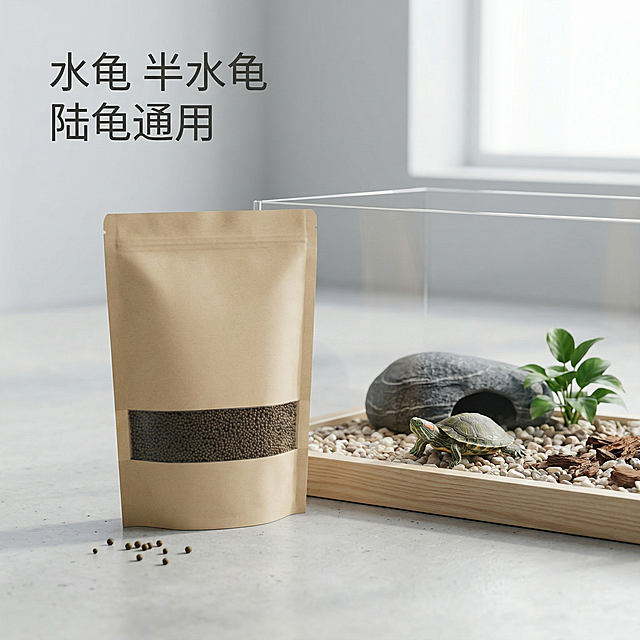 生成第四张袋装乌龟饲料主图，场景化展示，保持舒适简约风格，袋装产品放置在养龟箱旁，搭配乌龟和简约造景，浅灰色背景柔和自然光，文案“水龟半水龟陆龟通用”，排版简约不遮挡主体，风格统一。