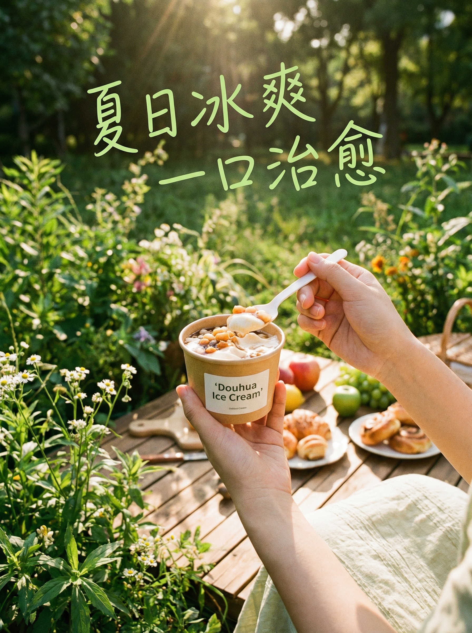 主图主题：豆花冰激凌食用场景 氛围风格：连锁品牌餐饮宣传，自然… - 图片创意预览
