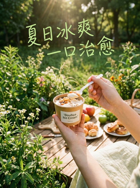主图主题：豆花冰激凌食用场景
氛围风格：连锁品牌餐饮宣传，自然清新氛围感，小红书原生风格
画面元素：Vlog第一人称视角，一只手（亚洲女性）拿着豆花冰激凌纸杯，背景是户外清新野餐场景，木质野餐垫搭配绿预览效果