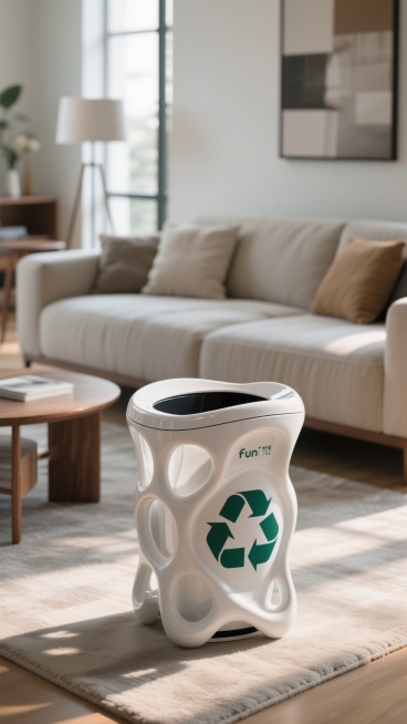 Fun bionic shaped plastic recycling bin, placed in modern living room scene, realistic product photo预览效果
