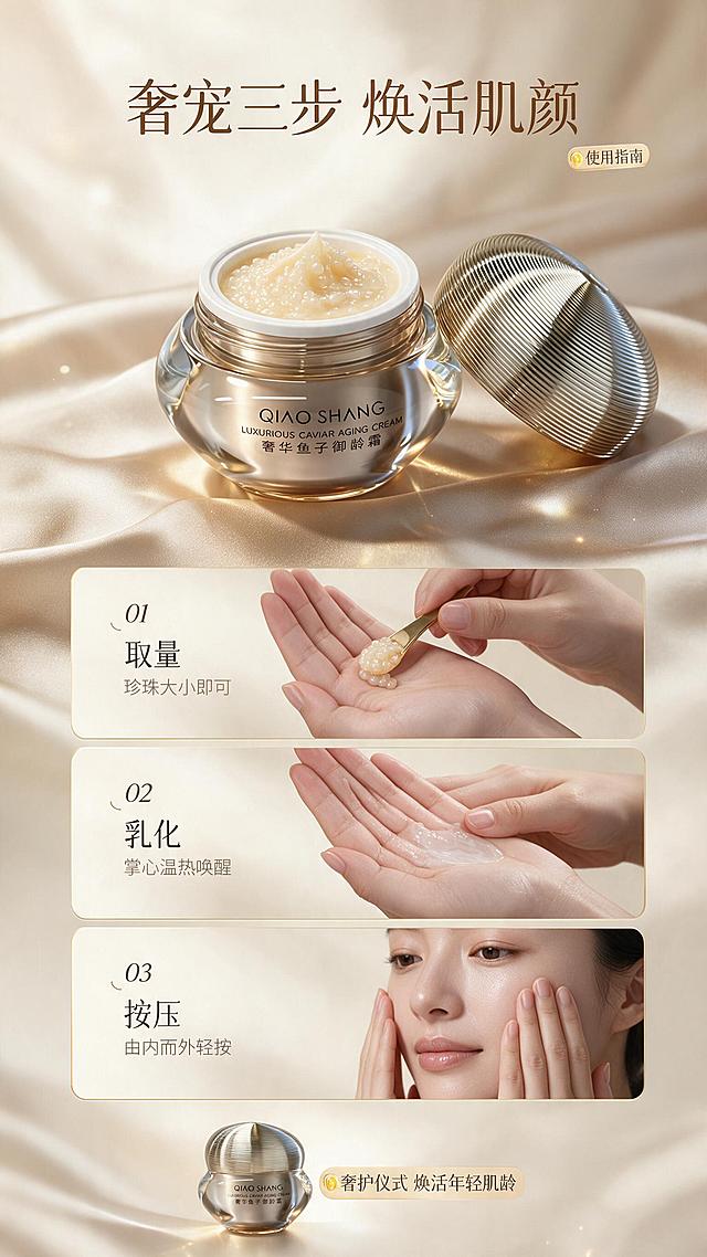 [商品] 使用【图1】QIAO SHANG 奢华鱼子御龄霜；保留瓶身圆润造型、金色螺纹瓶盖、透明金色瓶身、瓶身正面"QIAO SHANG""LUXURIOUS CAVIAR AGING CREAM""奢华鱼子御龄霜"文字与Logo，产品结构、颜色、材质、比例完全一致，不做任何修改。
[画面] 第6张：使用步骤与手法。目标是展示正确使用方式，强化仪式感与专业感。上中下三步分栏构图，每步配手部动作特写+简短说明：第1步取用量（金色挖勺取适量面霜于掌心）、第2步温热乳化（双手合十轻揉温热）、第3步按压吸收（双手轻轻按压面部至吸收）；顶部放产品开盖大图，底部有产品瓶身小图；背景浅米金渐变，每步之间用金色细线分隔。
[视觉] 套系策略：风格=高端奢华东方轻奢商业摄影；标题字=衬线粗体+现代无衬线组合；正文字=简洁无衬线体；主色=香槟金+米白金；背景延展=基于香槟金做深浅渐变、丝绸质感、柔雾光晕层级；强调色=深金/琥珀金，仅用于小面积图标、引线、标签和高光；标题色=深棕金；正文色=暖棕灰；组件=圆角金线信息卡、细线引线、金色胶囊标签；光影=暖柔正面光，手部动作清晰自然，产品保持金属高光质感。
[文字] 顶部主标题"奢宠三步 焕活肌颜"，每步配编号+标题+短句：01 取量 珍珠大小即可、02 乳化 掌心温热唤醒、03 按压 由内而外轻按。文字全部横排，每步文字在动作图下方或侧边，层级清晰。
[规格] 图片比例9:16竖版，2K分辨率，淘宝/天猫详情页风格。避免变形、错字、文字过小、冷蓝/冷灰背景、产品颜色改变、医疗化表述、绝对化用语。