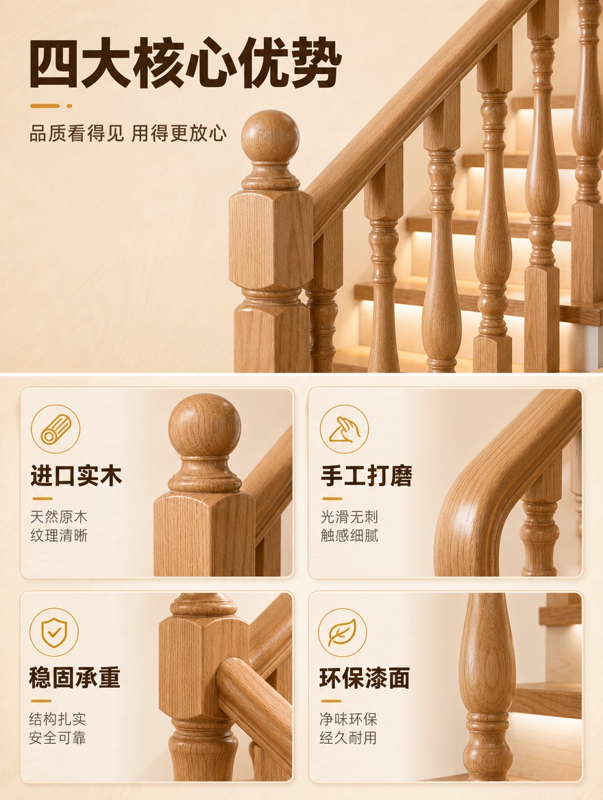 [商品] 使用【图1】原木色实木楼梯扶手；保留花瓶柱造型、实木… - 图片创意预览