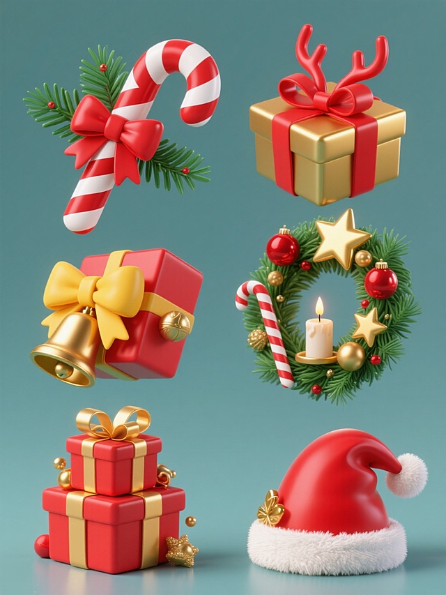 纯色背景上，六个完全不同材质的圣诞元素系列素材集合，规整排布，3D立体风格。每个元素造型相同，包含圣诞元素内容。材质分别为：1. 红白条纹拐杖糖配红色蝴蝶结和绿色松枝；2. 红白条纹拐杖糖配黄色蝴蝶结和金色铃铛；3. 金色礼盒配红色丝带、红色和金色圣诞球及绿色松枝；4. 红色和金色圣诞花环配蜡烛、拐杖糖和金色星星；5. 红色和金色礼盒堆叠，配金色丝带和装饰；6. 红色圣诞帽配白色毛边、红色鹿角圣诞帽和金色装饰。所有元素具有清晰的3D立体感，光滑的表面质感，明亮的色彩，恰当的光影效果，营造出节日的欢快氛围。