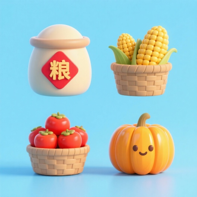 4个中秋素材组合，可爱电商促销感。素材包括：第一个粮仓（贴着带有 “粮” 字的红色菱形福字）；第二个一筐玉米；第三个一筐柿子；第四个南瓜。画面整体呈现鲜艳效果，淡蓝色背景。上下两行，排列整齐预览效果