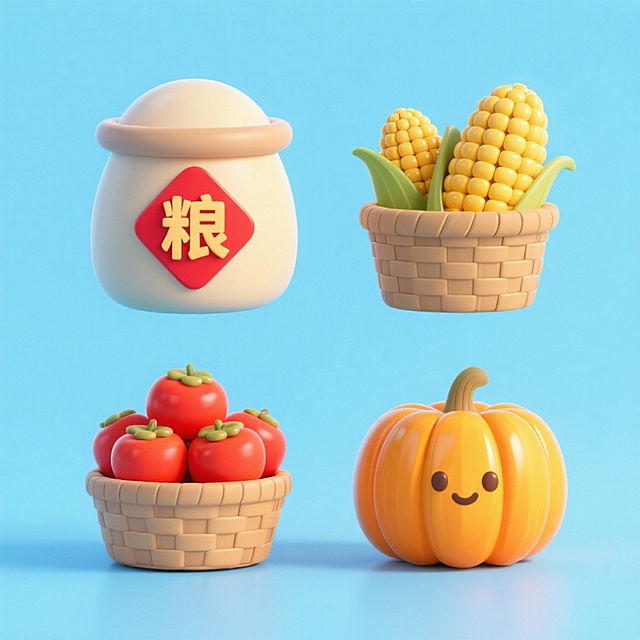 4个中秋素材组合，可爱电商促销感。素材包括：第一个粮仓（贴着带有 “粮” 字的红色菱形福字）；第二个一筐玉米；第三个一筐柿子；第四个南瓜。画面整体呈现鲜艳效果，淡蓝色背景。上下两行，排列整齐