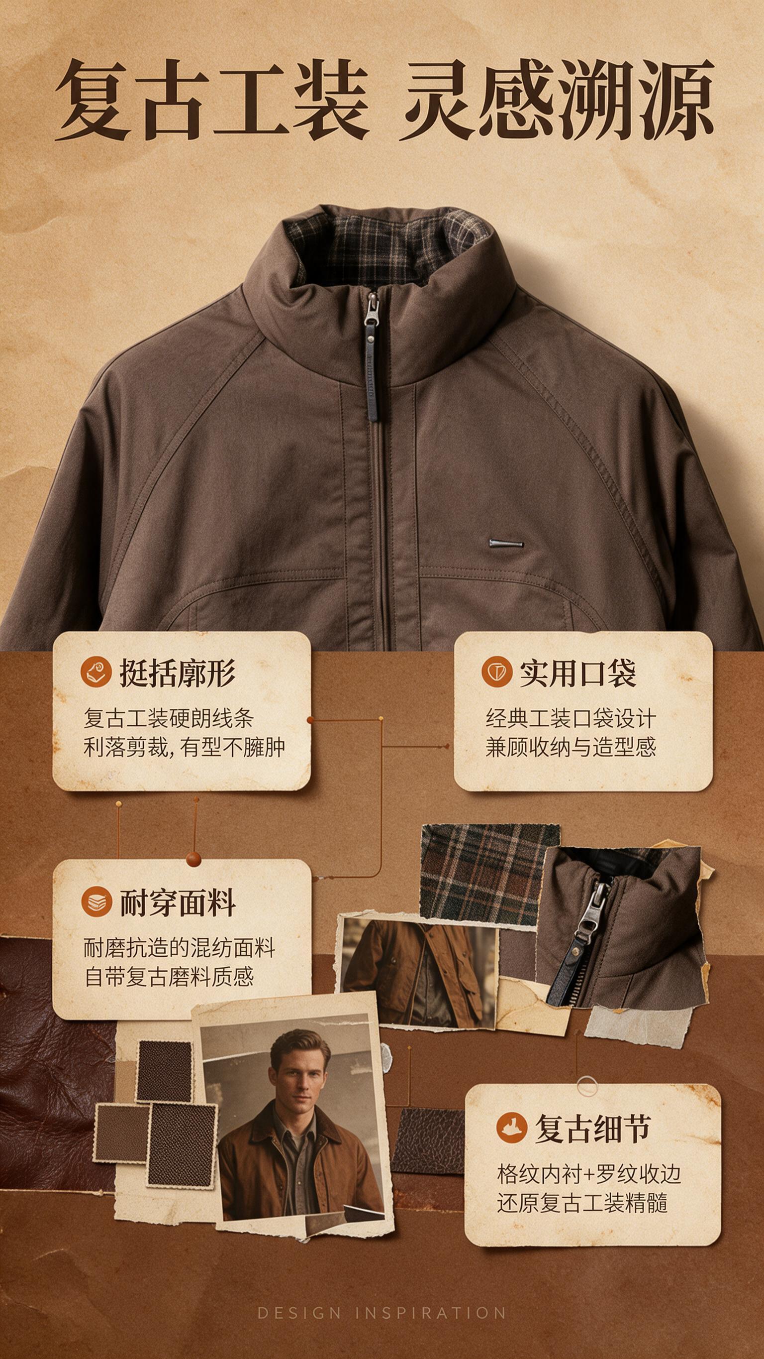 [商品] 使用【图1】男士棕色立领夹棉夹克；商品处理：保留立领… - 图片创意预览
