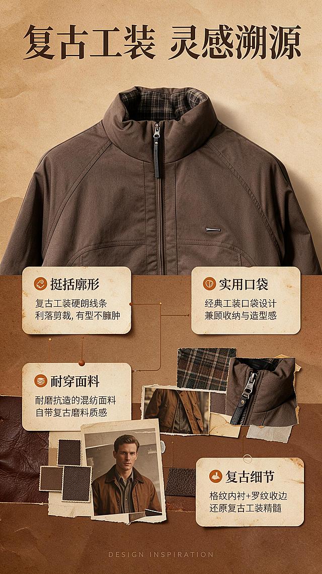 [商品] 使用【图1】男士棕色立领夹棉夹克；商品处理：保留立领、拉链、插肩袖、斜插口袋、罗纹收腰、棕色面料和整体版型；自然去皱，增强面料纹理和五金质感，不改变版型和颜色。
[画面] 目标：设计理念页，解读复古工装灵感来源。构图：拼贴式竖版布局，上方居中放夹克半身特写（立领+肩部），下方分布3-4个风格关键词卡片，穿插面料色卡、格纹内衬特写、复古工装老照片碎片、做旧纸张纹理。景别：中近景+局部拼贴。阅读动线：顶部标题→中部关键词→底部细节碎片。
[视觉] 套系策略：风格=复古工装高级商业摄影，美拉德棕调氛围感；标题字=粗衬线体，复古厚重；正文字=简洁无衬线体；主色=深棕/焦糖棕；背景延展=基于棕调做深浅层级、同色渐变、做旧纸张/木质/皮革质感；强调色=焦糖橘，仅用于小面积图标、引线和标签；标题色=深炭棕；正文色=暖棕灰；组件=圆角复古信息卡、细棕线引线、做旧纸张纹理；光影=左前侧暖柔光，自然投影，复古胶片质感。
[文字] 顶部主标题「复古工装 灵感溯源」，下方4个风格关键词卡片：「挺括廓形」「实用口袋」「耐穿面料」「复古细节」，每个关键词配1句短说明。文字横排，层级清晰。底部小号英文「DESIGN INSPIRATION」。
[规格] 图片比例9:16竖版，分辨率2K，避免变形、错字、文字过小、冷蓝背景、衣服颜色改变、白底、平台Logo水印。