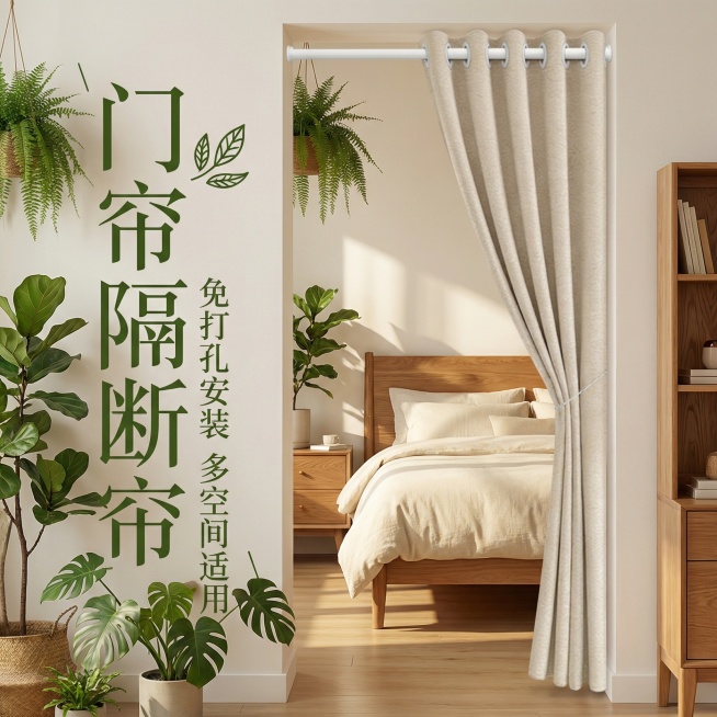 不改变米色门帘的面料材质，切换到现代森系卧室场景，布置绿植与原木家具，门帘呈微开状态，保留"门帘隔断帘""免打孔安装 多空间适用"核心文字，排版优化为森系清新字体预览效果