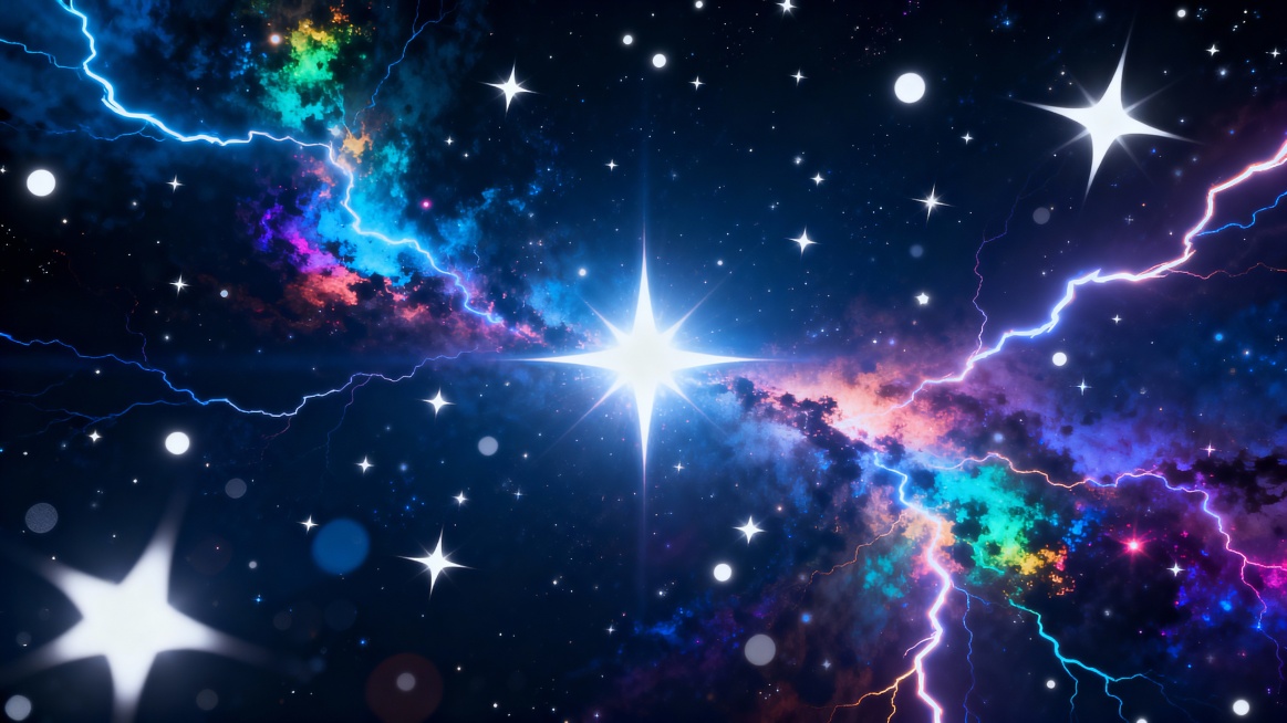 神秘的宇宙背景，中心是闪亮的星星，绚丽多彩的色彩为主，闪电光效，点缀着大小不一、亮度各异的白色及彩色星星，整体风格梦幻、动感且充满未来感，光影对比强烈，细节丰富，营造出浩瀚宇宙的壮丽与神秘氛围预览效果