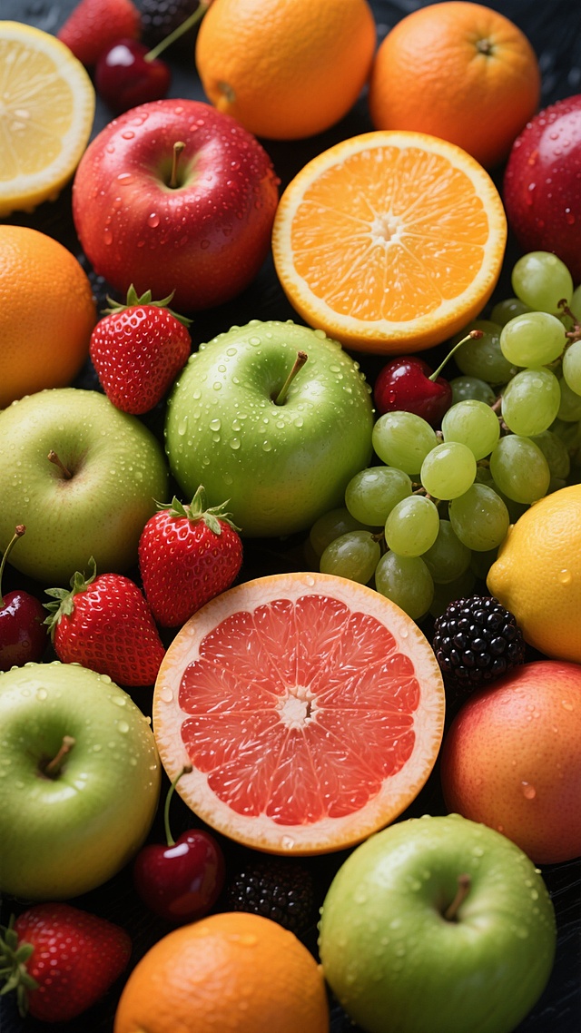 一张色彩鲜艳、高饱和度的水果特写海报，以俯视角度展现多种新鲜果蔬的丰富组合，包括完整的和切开的橙子、柠檬、葡萄柚，鲜红的草莓，青绿色和红色的苹果，绿色的葡萄，以及点缀其间的黑莓和樱桃。整体呈现出超写实的摄影风格，光线明亮柔和，从上方均匀照射，突出水果表面的细腻纹理、水珠光泽和自然色彩渐变，营造出新鲜、健康、充满活力的氛围。水果紧密排列，构图饱满均衡，形成自然的视觉引导，背景为深色，使各色水果更加鲜明突出，具有强烈的视觉冲击力和诱人的质感，能在短时间内清晰传达新鲜果蔬的核心主题，符合大众对健康食品的审美期待。