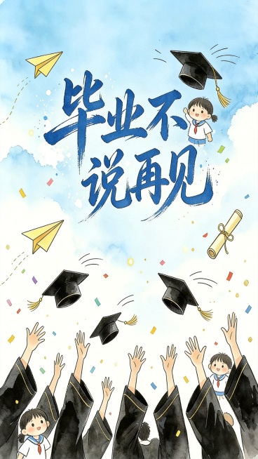 将结尾封面改为小学生手抄报简约线条风格，主题为"毕业不说再见"，保持现有扔学士帽的构图，改为线稿水彩风格，添加可爱小学生元素，和整套纪念册简约手绘风格统一，原图https://gd-ai-fts.da预览效果