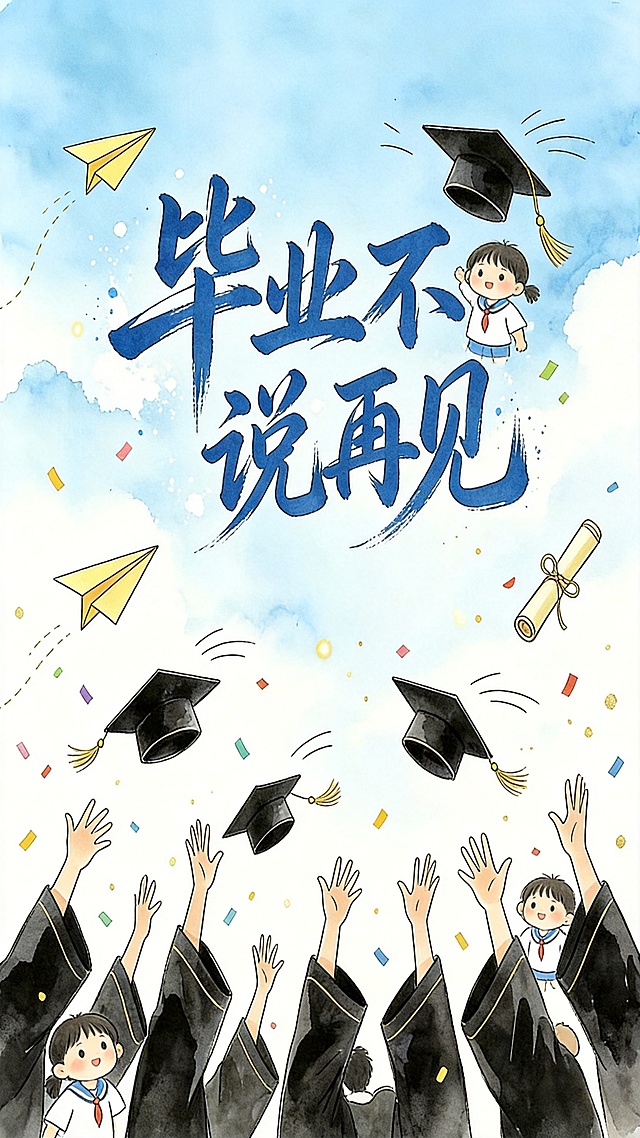 将结尾封面改为小学生手抄报简约线条风格，主题为"毕业不说再见"，保持现有扔学士帽的构图，改为线稿水彩风格，添加可爱小学生元素，和整套纪念册简约手绘风格统一，原图https://gd-ai-fts.dancf.com/36744288881059930/transfer/f0062932eade4c859792773fbd97bea02454312.png