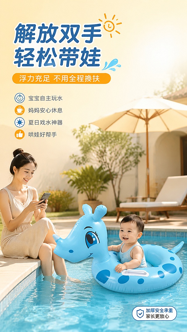 [第14屏] 家长解放双手-浮力充足无需全程搀扶。本屏使用【图2】作为商品主体，亲子场景展示。
[氛围/风格] 亲子解放风，轻松省心，妈妈福音主题，商业摄影质感。
[元素布局] 画面右侧蓝色犀牛游泳圈中宝宝开心玩水，左侧妈妈坐在泳池边轻松看手机/休息，面带微笑；背景是温馨的家庭泳池场景，有遮阳伞和休闲椅；游泳圈保持浅蓝色+深蓝波点+犀牛头造型，产品颜色结构与输入图一致。
[光影质感] 温暖午后阳光，柔和阴影，整体轻松惬意的氛围。
[配色色系] 全局底色#FFF8E1暖黄渐变；主色蓝色；辅助色暖橙色、米白色。
[视角构图] 侧面平视，左妈妈右宝宝，阅读动线左到右。
[文字版式] 左上主标题「解放双手 轻松带娃」，副标题「浮力充足 不用全程搀扶」；下方补充文字：宝宝自主玩水 妈妈安心休息 夏日戏水神器 哄娃好帮手；右下角小字「加厚安全承重 家长更放心」。
[比例分辨率] 9:16竖版比例，4K分辨率，文字清晰可辨，高清画质。
[负向提示词] 产品变形，颜色偏差，结构错误，水印，文字错乱，文字过小，人物面部扭曲。
