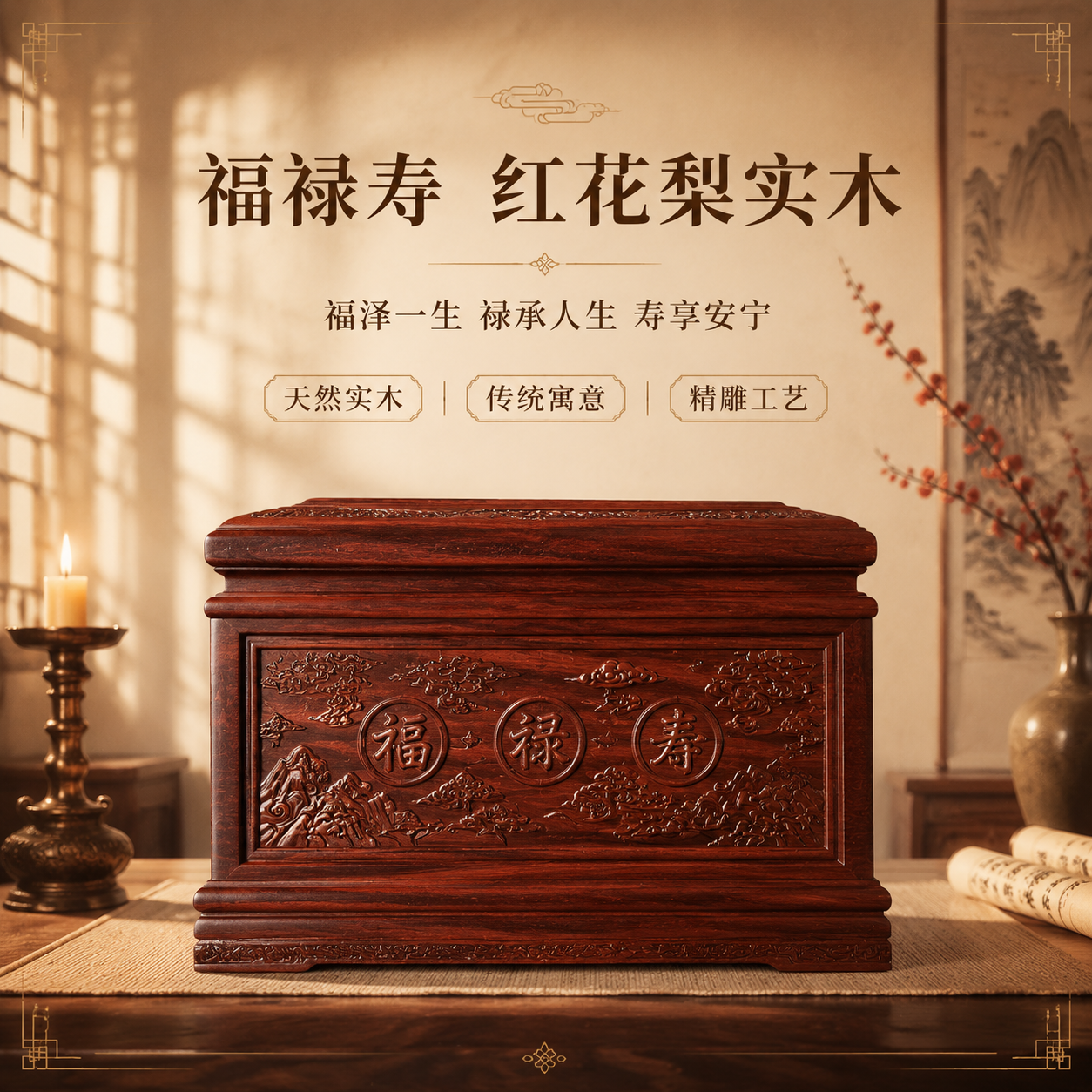 [主图-1] 首图点击率：福禄寿红花梨实木骨灰盒正面全景主视觉… - 图片创意预览