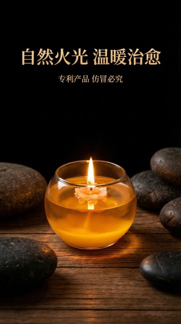 电商详情页第四页，展示点燃状态效果，产品是点燃后的圆形玻璃瓶装渐变黄色植物酥油灯，产品保持原图样式不变，纯黑色背景，展示蜡烛点燃后的暖光氛围感，背景添加木质台面和石块装饰，文字内容：“自然火光 温暖治预览效果