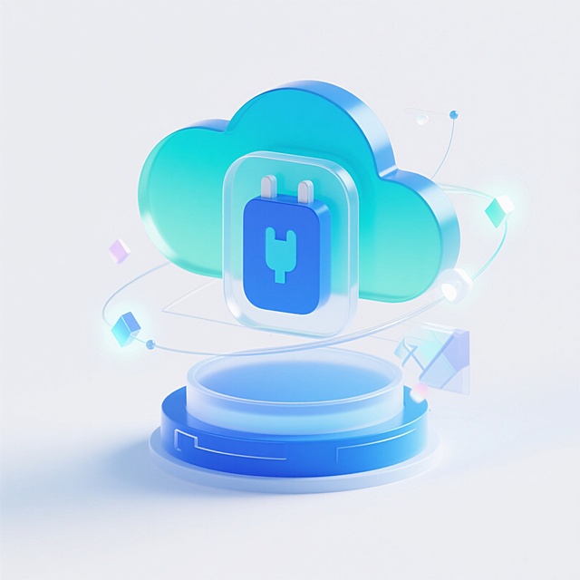 未来感科技云朵，玻璃质感插头悬浮于3D轻拟物底座，清透蓝调光影交织，展现数据流动的体积感与现代美学。