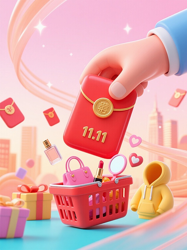 软3D风+卡通感设计，红金配色营造喜庆氛围，结合波普艺术元素与塑料质感，展现双十一购物狂欢的梦幻场景。