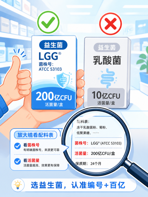 一只手拿着两盒益生菌产品进行对比。左边一盒包装上标注了"LGG"菌株号和"200亿CFU"，旁边打上绿色对勾，并画一个竖起大拇指。右边一盒只写着"乳酸菌"，活菌量"10亿CFU"，旁边打上红叉。背景是预览效果
