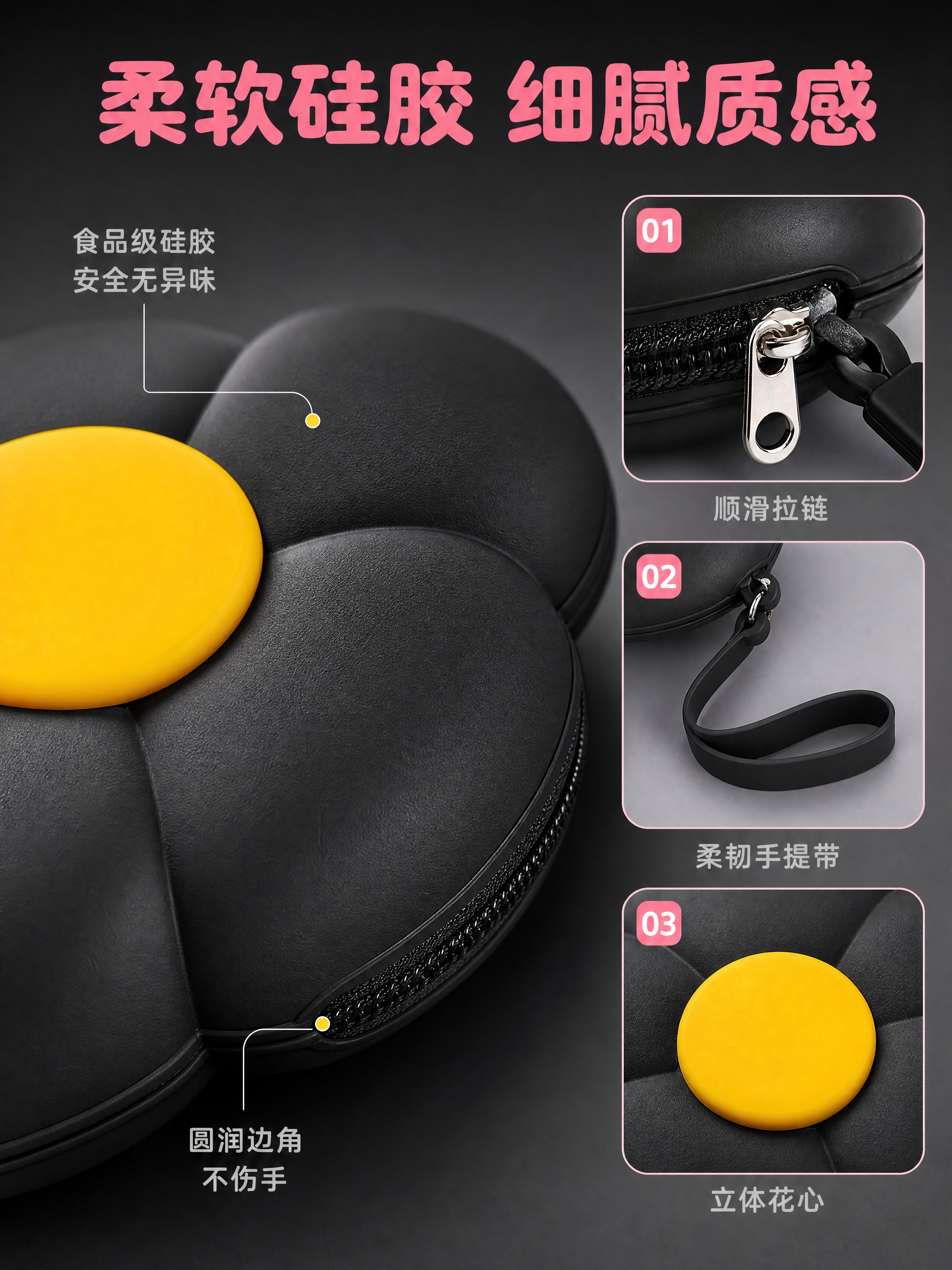 [商品] 使用【图1】花朵硅胶收纳包，选取黑色款做材质特写；保… - 图片创意预览