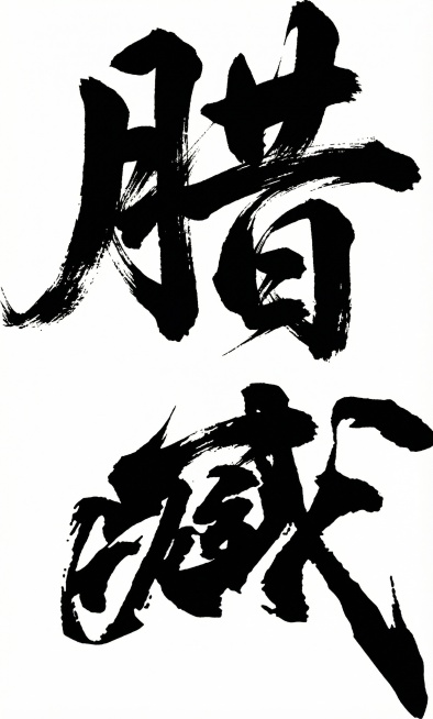 书法字体海报“腊味”，草书字体，狂野奔放，视觉张力富有动感，超粗笔画流畅飘逸，笔画巧妙延长变形，飞白效果，笔画流畅潇洒，纯黑色透明背景，黑色字预览效果