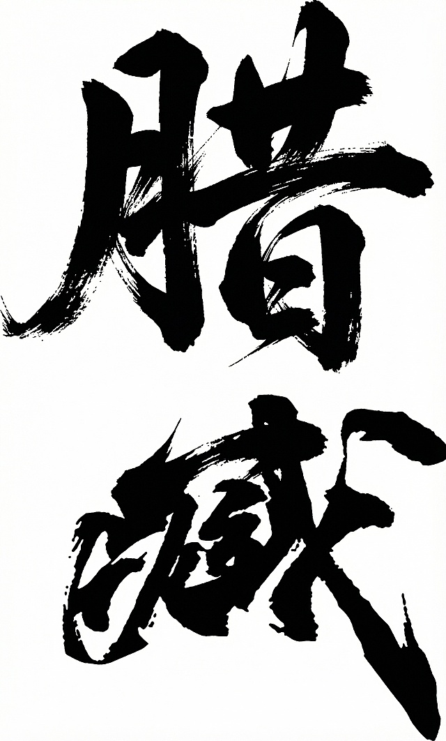 书法字体海报“腊味”，草书字体，狂野奔放，视觉张力富有动感，超粗笔画流畅飘逸，笔画巧妙延长变形，飞白效果，笔画流畅潇洒，纯黑色透明背景，黑色字