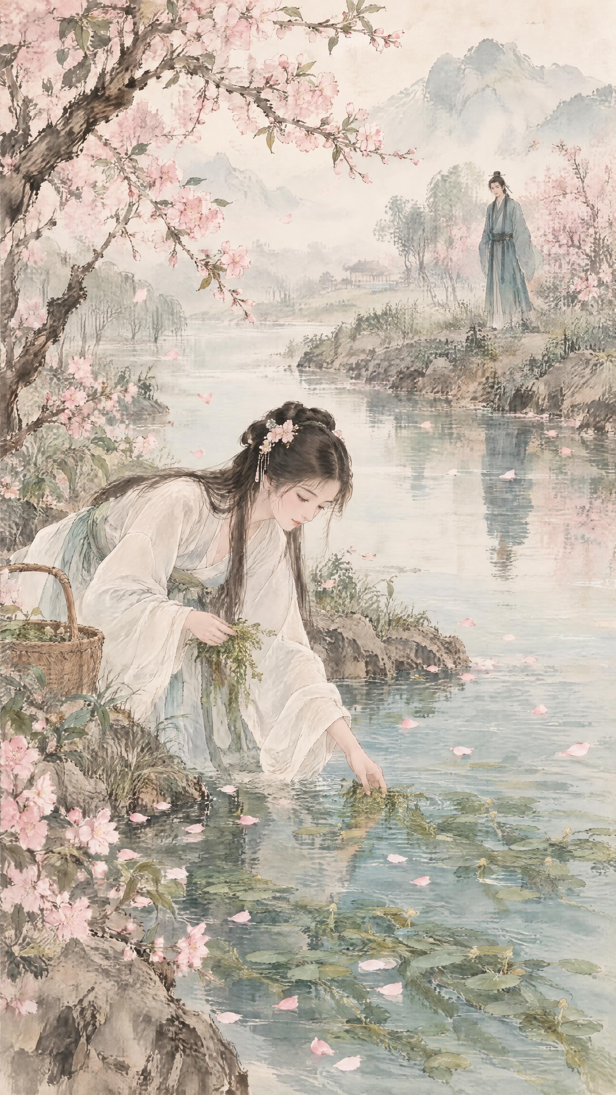 《关雎》意境图，君子思慕淑女场景。春日河畔，一位身着素色汉服的… - 图片创意预览
