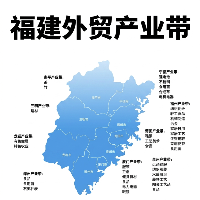 删除原图标题中的“跨境电商”文字，将标题“福建产业带”修改为“福建外贸产业带”，保持其他地图、产业分布信息和整体排版不变，重新输出高清4K图片预览效果