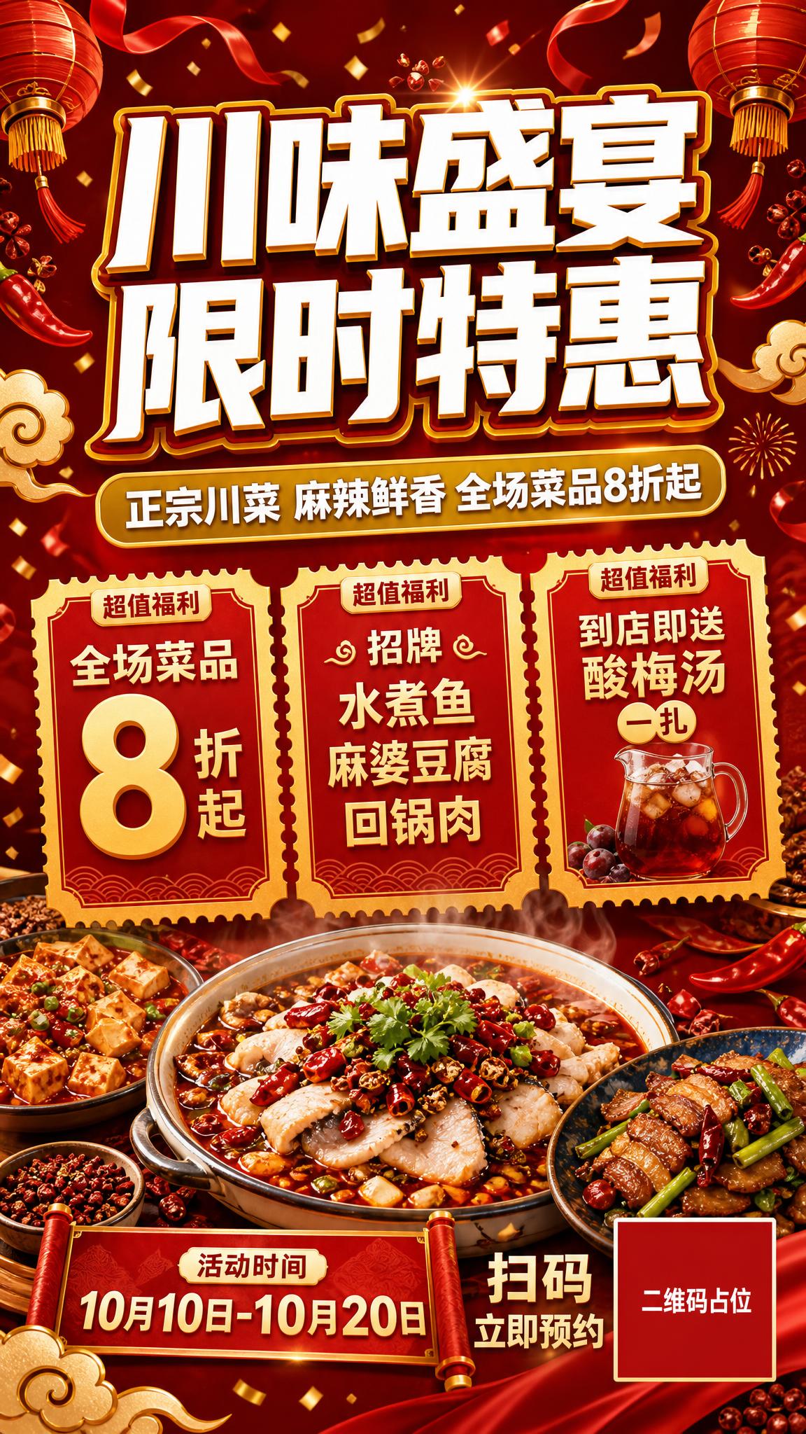 国潮风川菜餐饮活动促销海报，竖版9:16，红金配色，热闹烟火气… - 图片创意预览